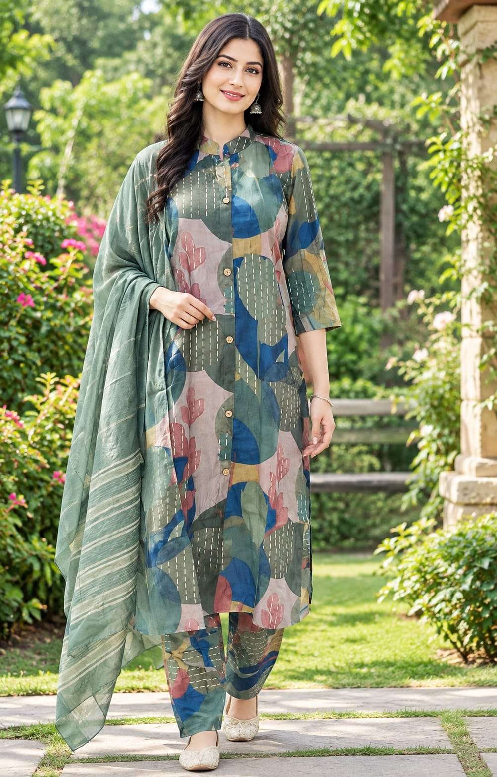Roman Silk Floral Printed 3-Piece Suit Set with Dupatta