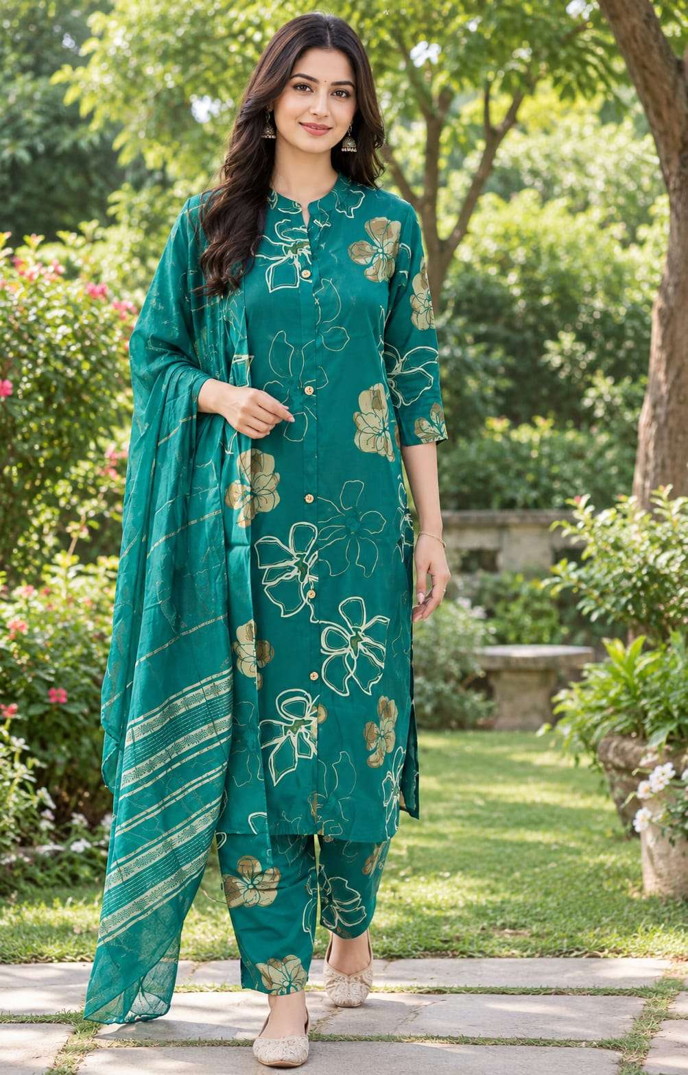 Roman Silk Floral Printed 3-Piece Suit Set with Dupatta