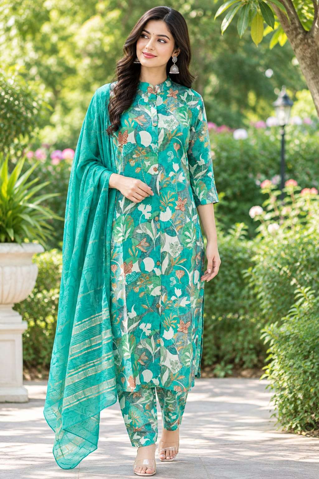 Roman Silk Printed 3-Piece Suit Set with Floral Paisley Design & Dupatta