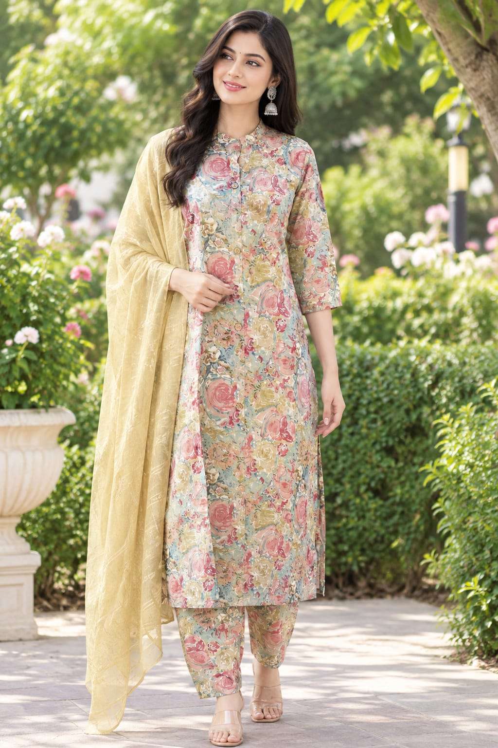 Roman Silk Printed 3-Piece Suit Set with Floral Paisley Design & Dupatta