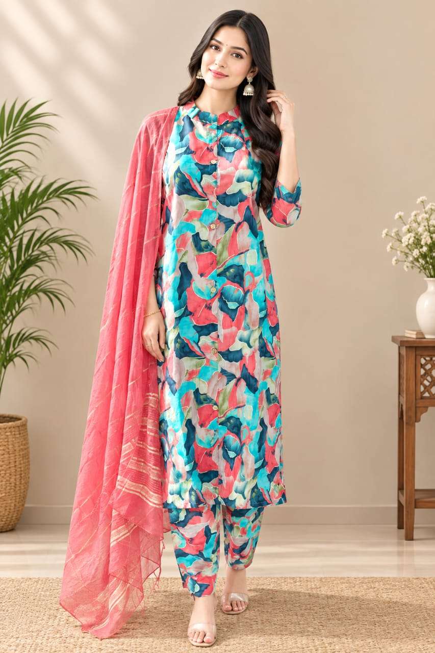 Roman Silk Printed 3-Piece Suit Set with Floral Paisley Design & Dupatta