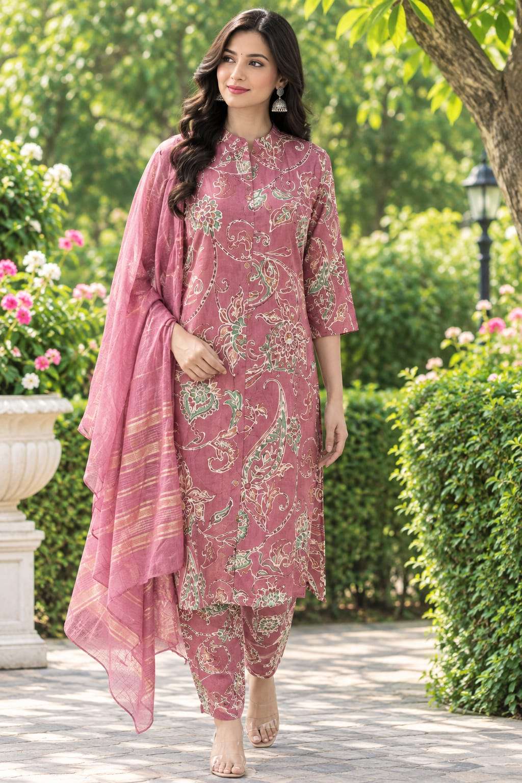 Roman Silk Printed 3-Piece Suit Set with Floral Paisley Design & Dupatta
