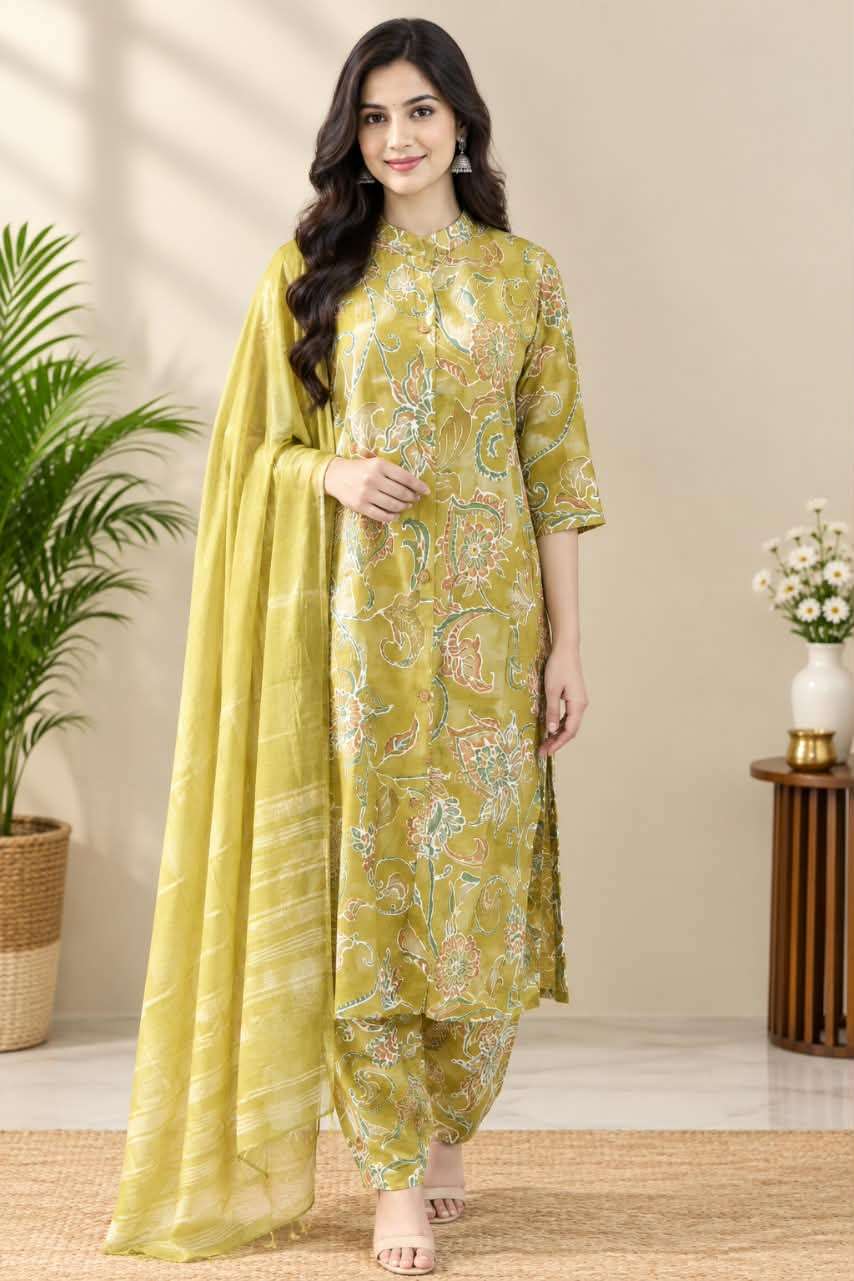 Roman Silk Printed 3-Piece Suit Set with Floral Paisley Design & Dupatta
