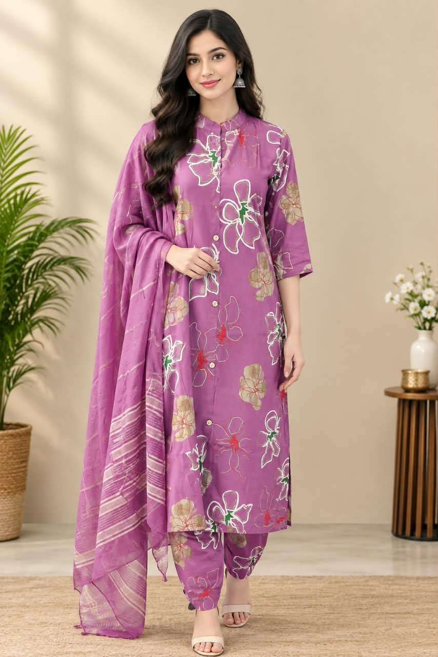 Roman Silk Printed 3-Piece Suit Set with Floral Paisley Design & Dupatta