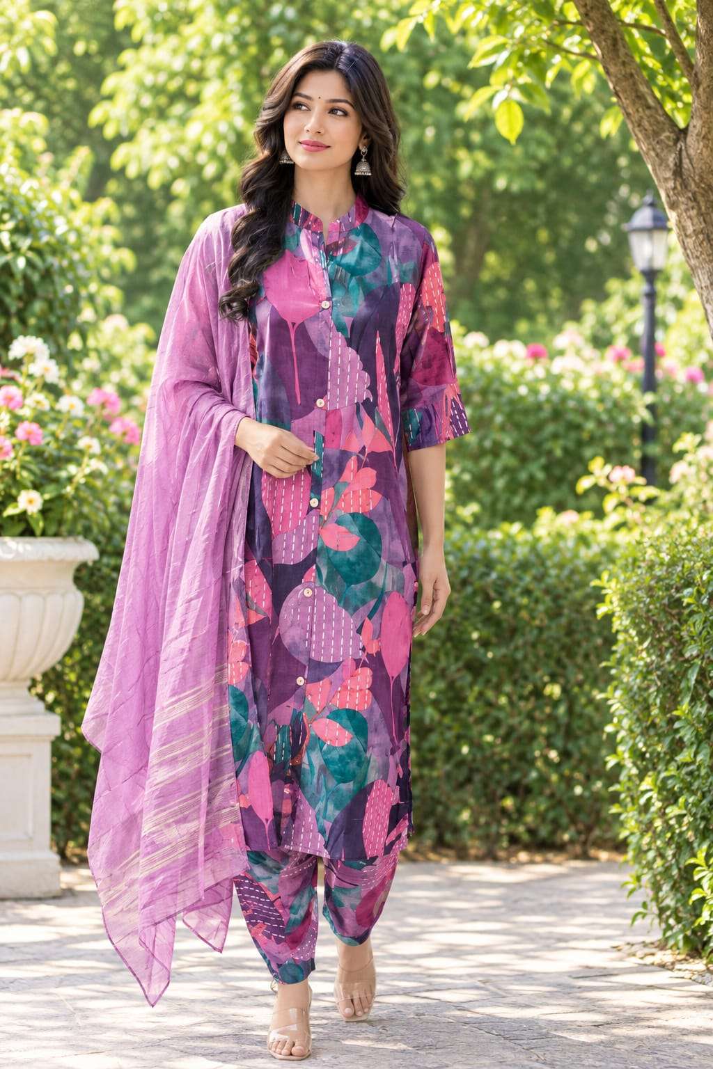 Roman Silk Printed 3-Piece Suit Set with Floral Paisley Design & Dupatta