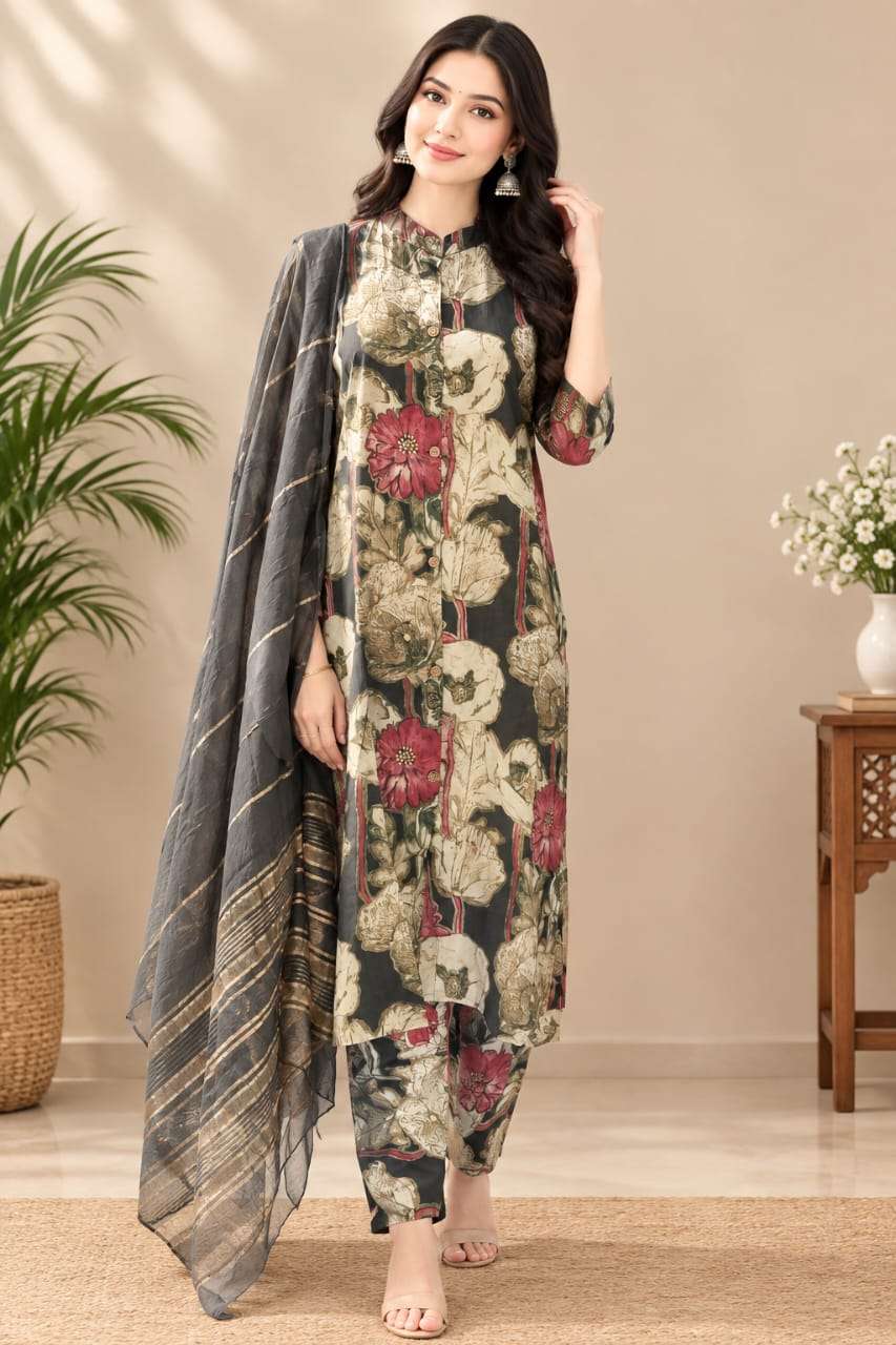 Roman Silk Printed 3-Piece Suit Set with Floral Paisley Design & Dupatta
