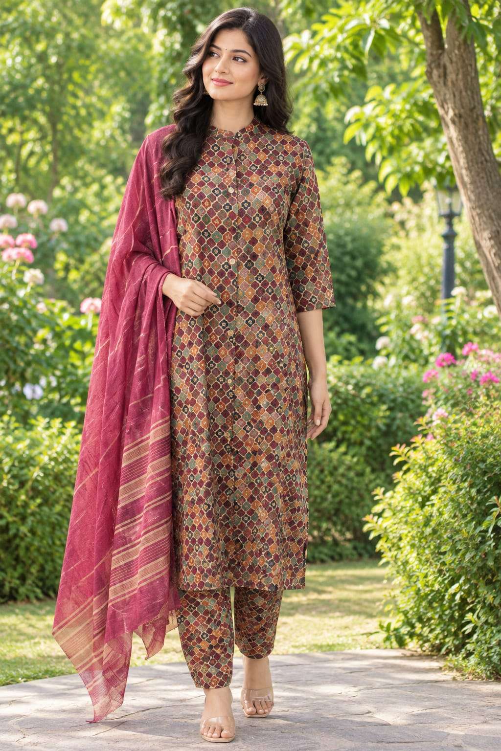 Roman Silk Printed 3-Piece Suit Set with Floral Paisley Design & Dupatta