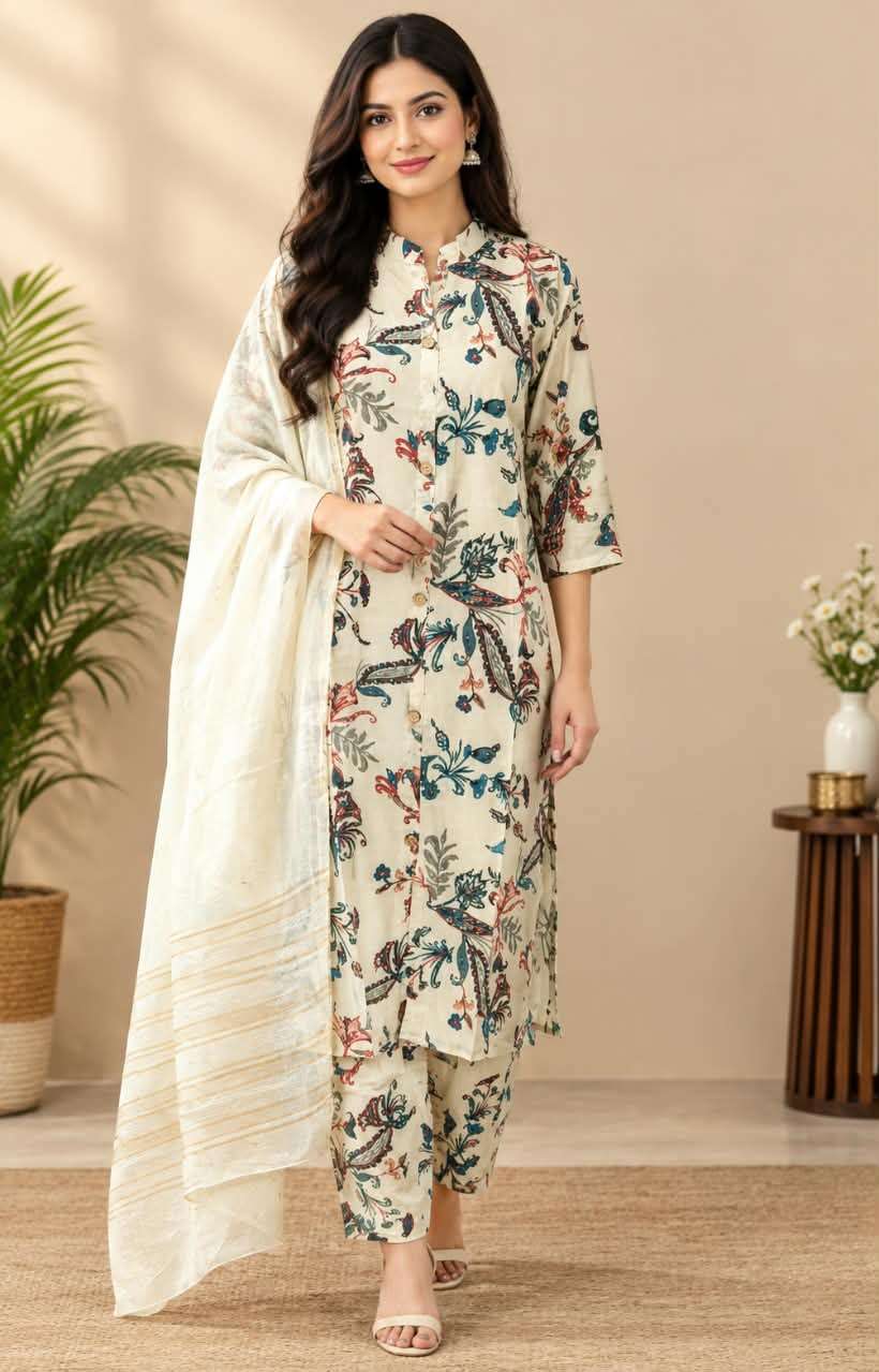 Roman Silk Printed 3-Piece Suit Set with Floral Paisley Design & Dupatta