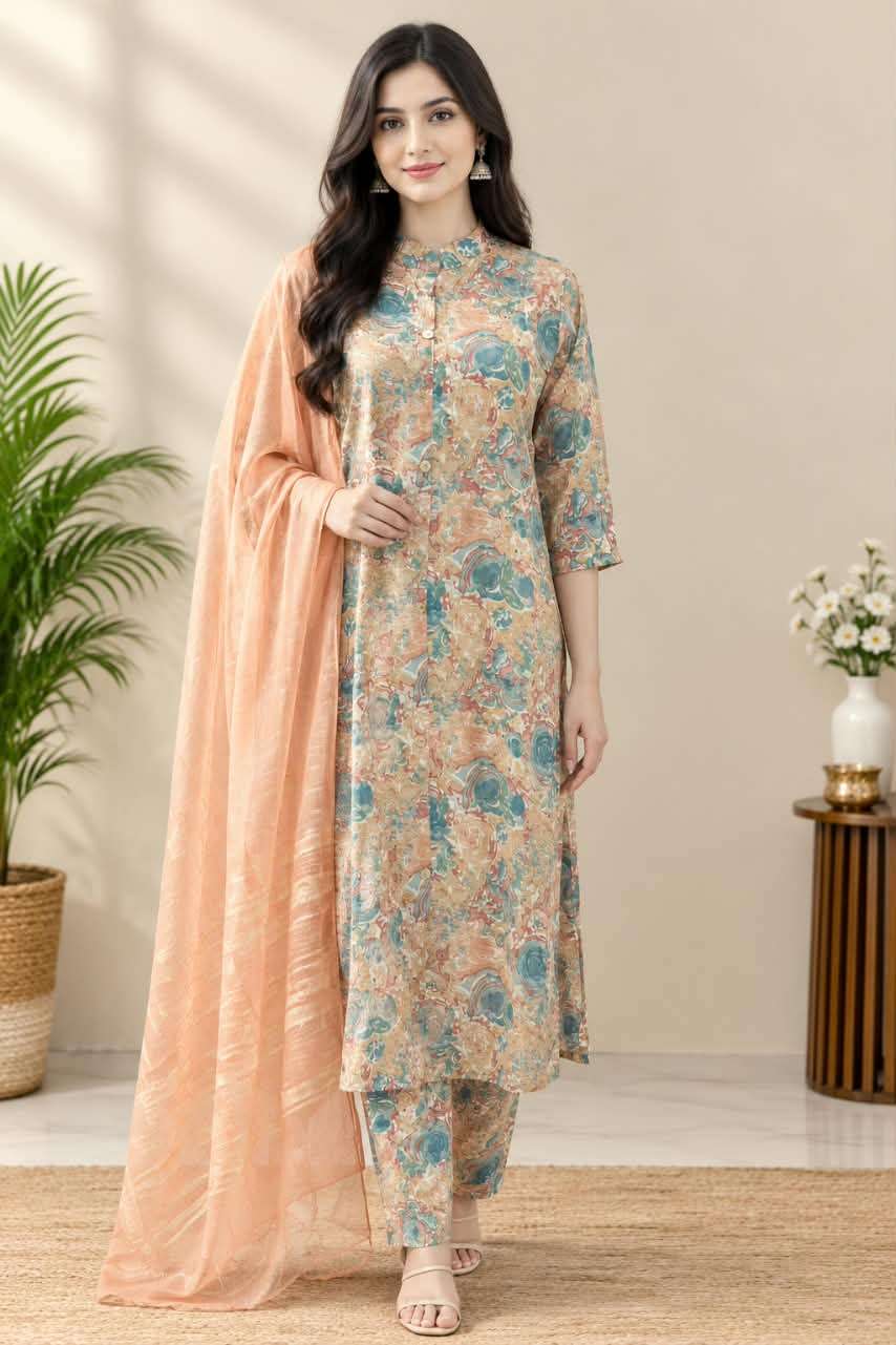 Roman Silk Printed 3-Piece Suit Set with Floral Paisley Design & Dupatta