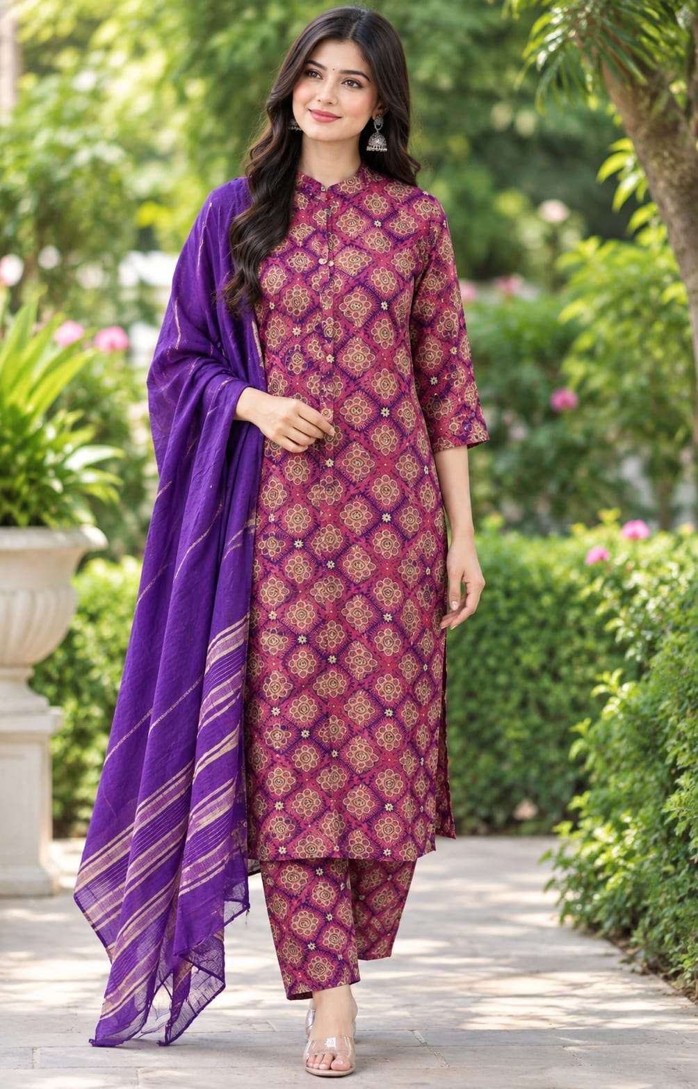 Roman Silk Printed 3-Piece Suit Set with Floral Paisley Design & Dupatta