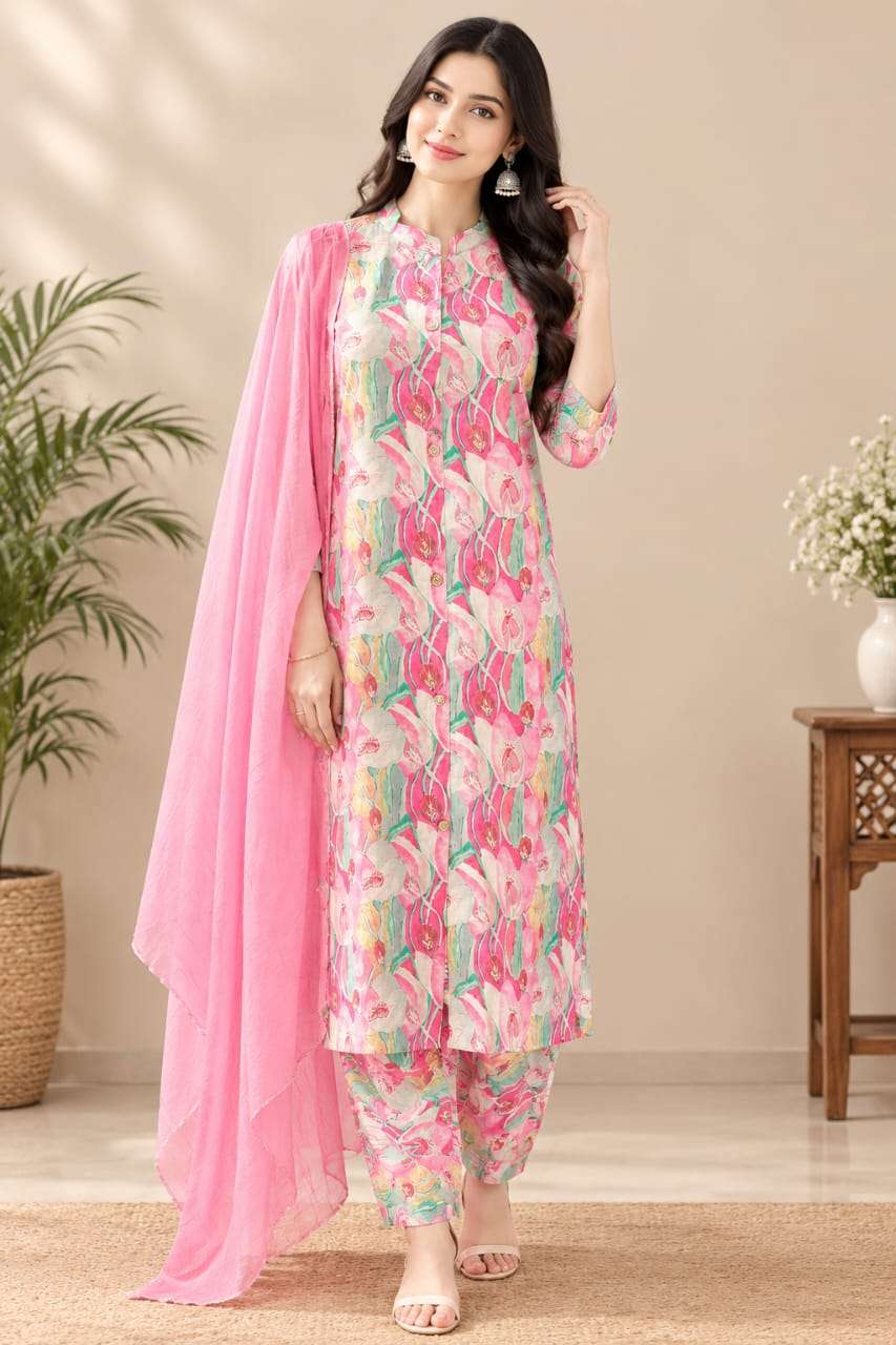 Roman Silk Printed 3-Piece Suit Set with Floral Paisley Design & Dupatta