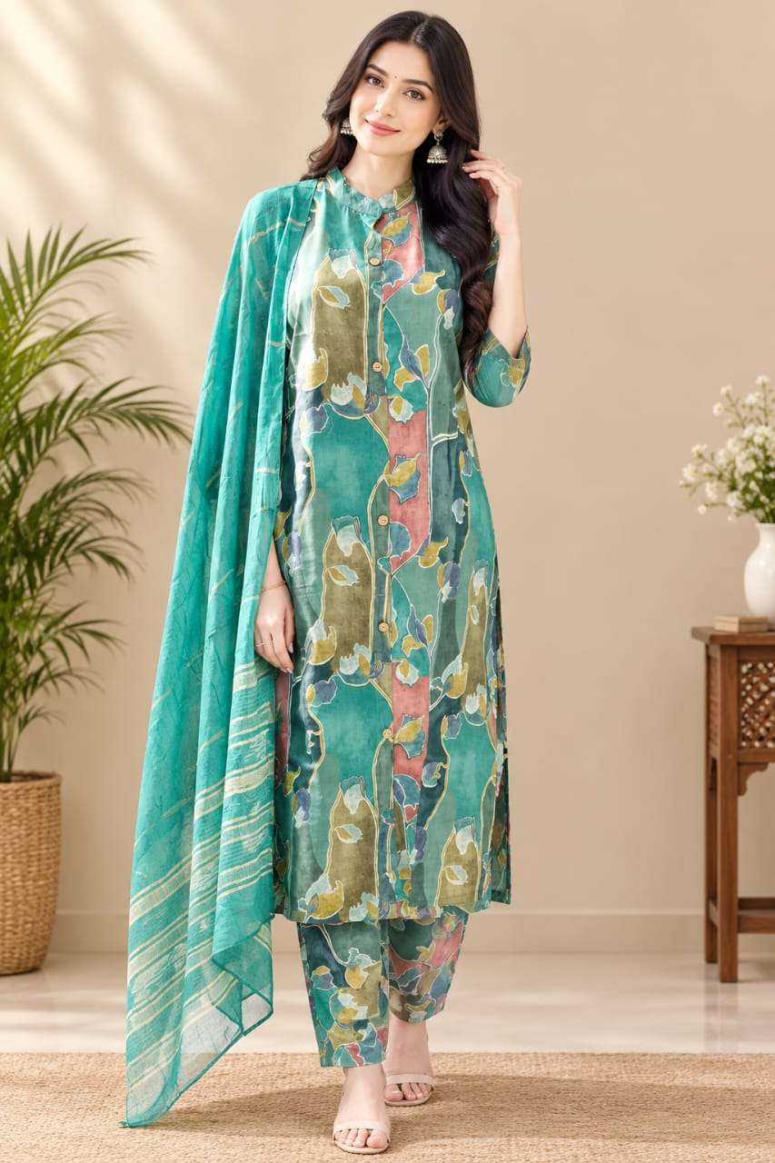 Roman Silk Printed 3-Piece Suit Set with Floral Paisley Design & Dupatta