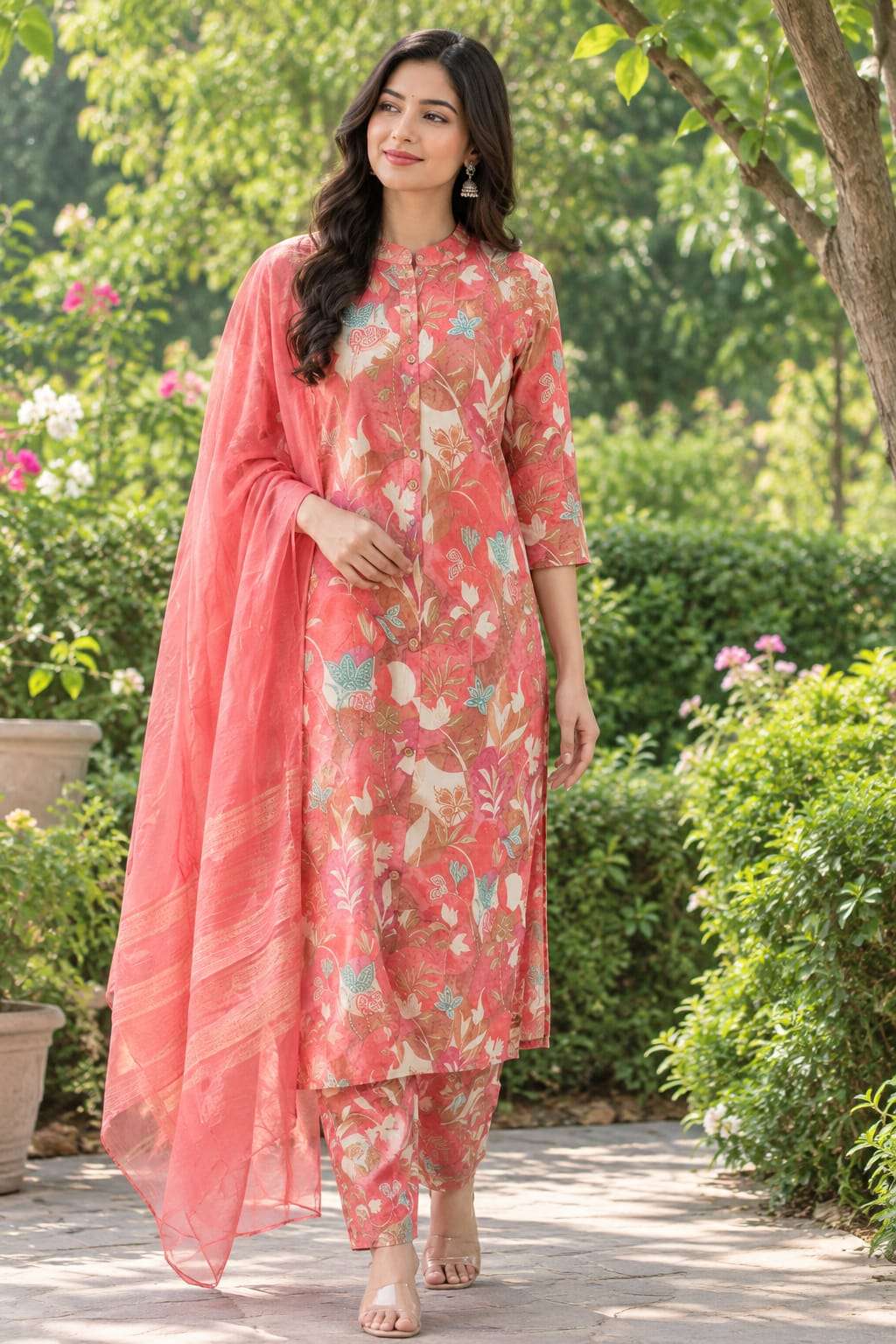Roman Silk Printed 3-Piece Suit Set with Floral Paisley Design & Dupatta