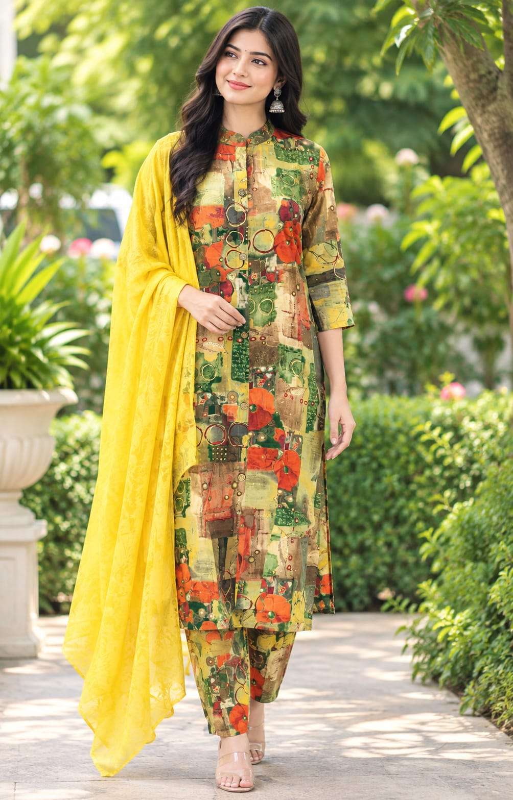 Roman Silk Printed 3-Piece Suit Set with Floral Paisley Design & Dupatta
