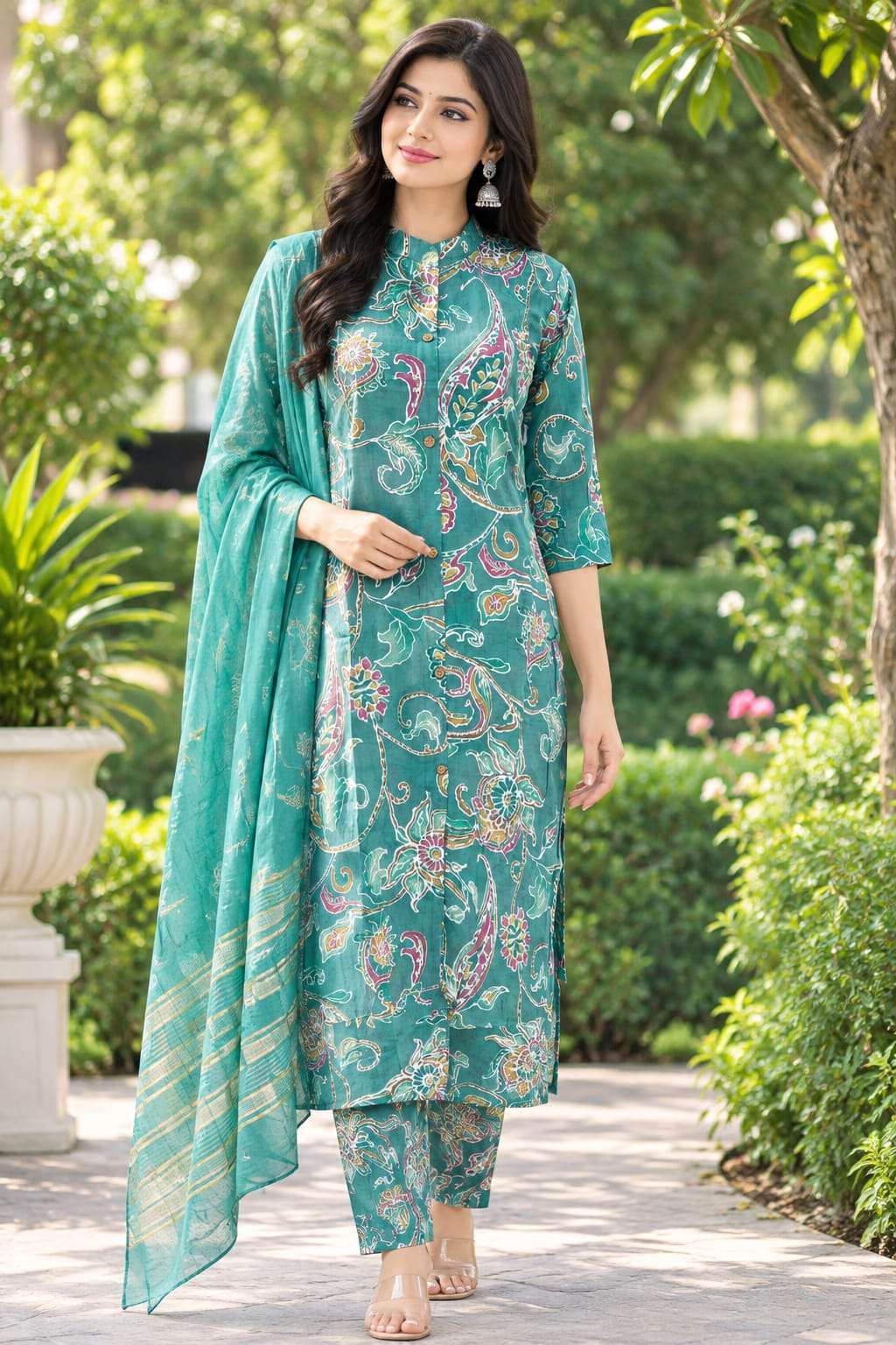 Roman Silk Printed 3-Piece Suit Set with Floral Paisley Design & Dupatta