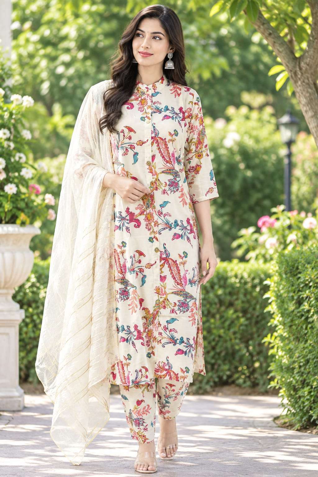 Roman Silk Printed 3-Piece Suit Set with Floral Paisley Design & Dupatta