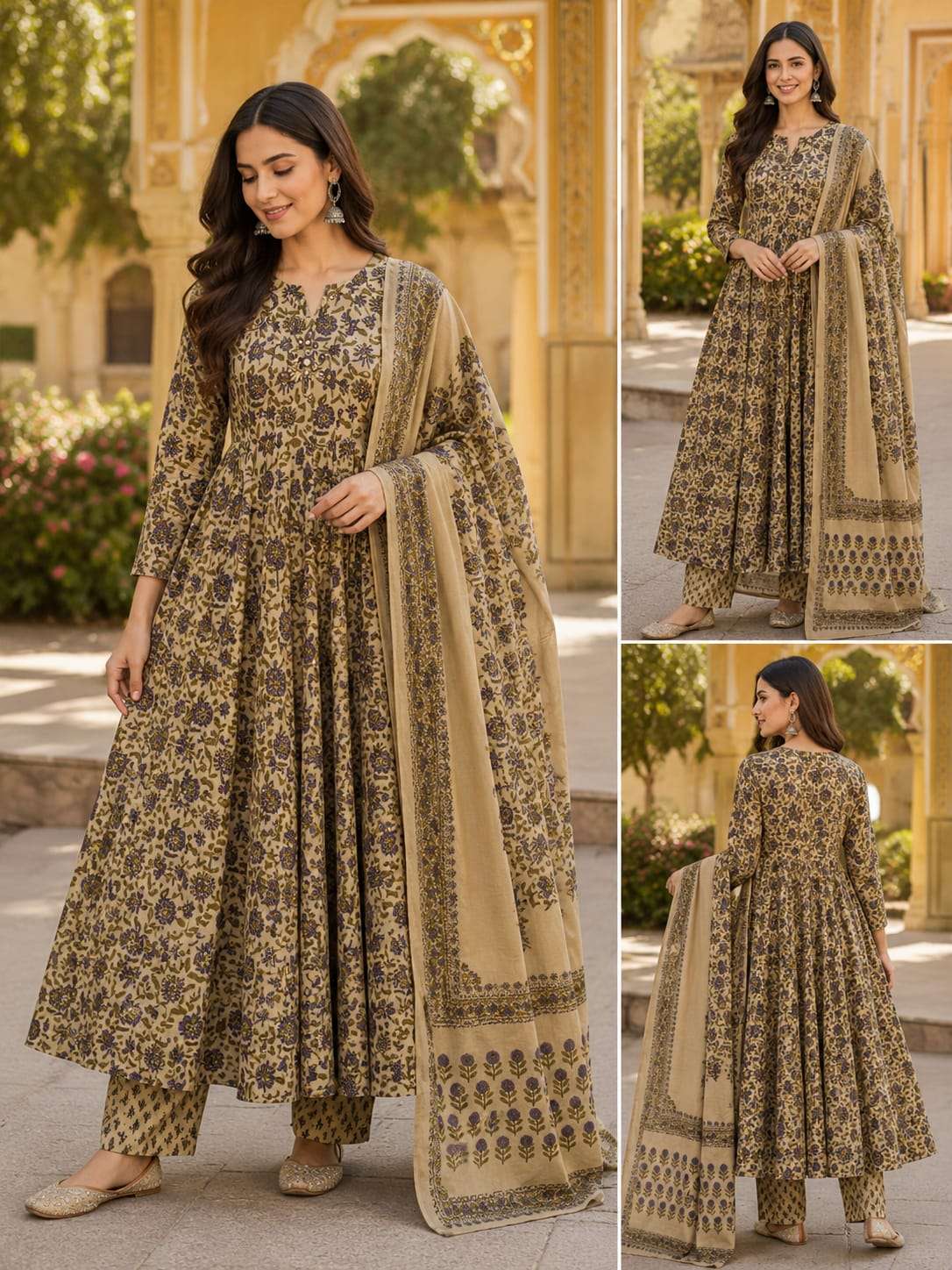 Royal Blue Floral Printed Anarkali Suit Set | Elegant Ethnic Wear Collection